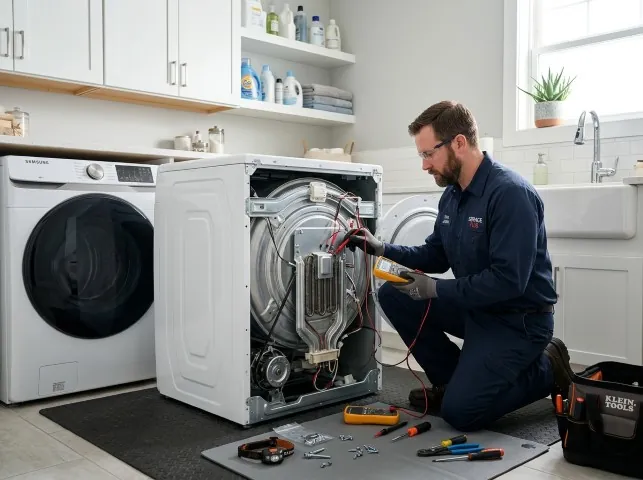 Appliance Repair Hero technician checking a dryer heating element with the rear panel off in Auburn Hills, MI