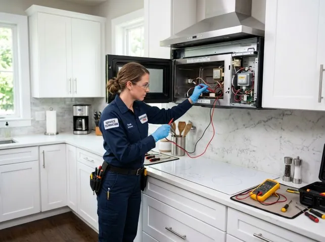 Appliance Repair Hero technician testing an over-the-range microwave in a Auburn Hills, MI kitchen
