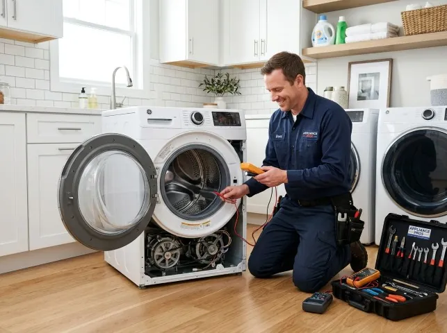 Appliance Repair Hero technician testing a front-load washer with a multimeter on a Auburn Hills, MI service call